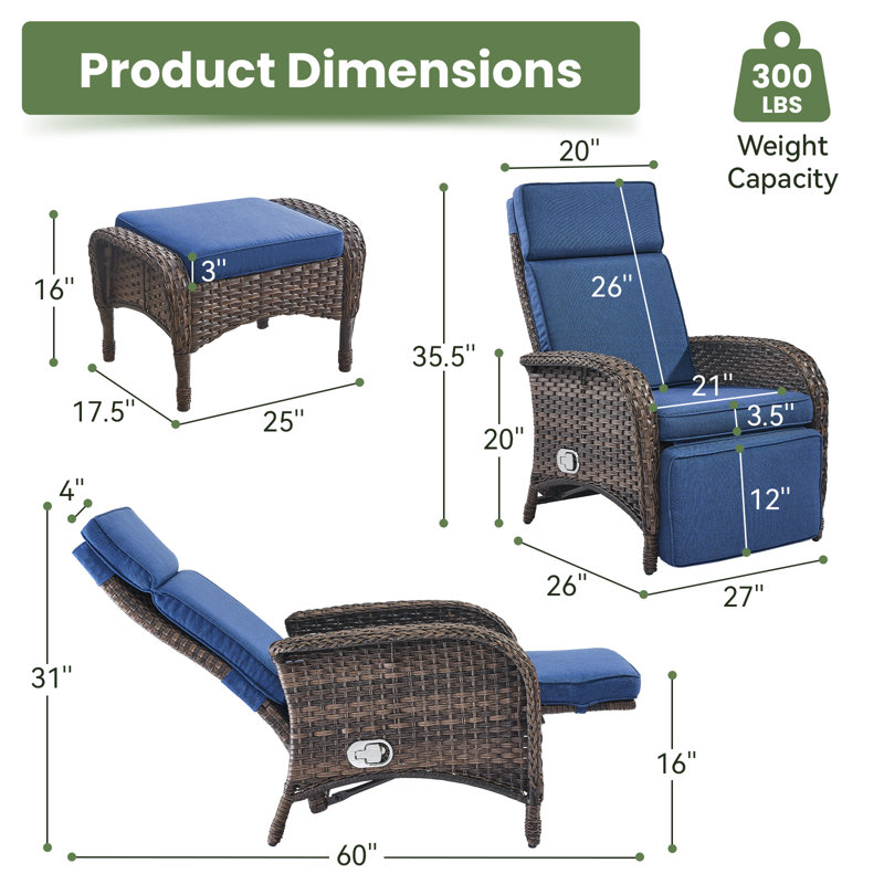 Chaise longue d'extérieur en rotin avec repose-pieds Gaetanino, Bleu