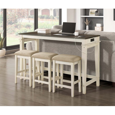 Ensemble de table haute de salle à manger 4 pièces, fini bicolore moderne, avec prises USB et tabourets rembourrés, pour salon.