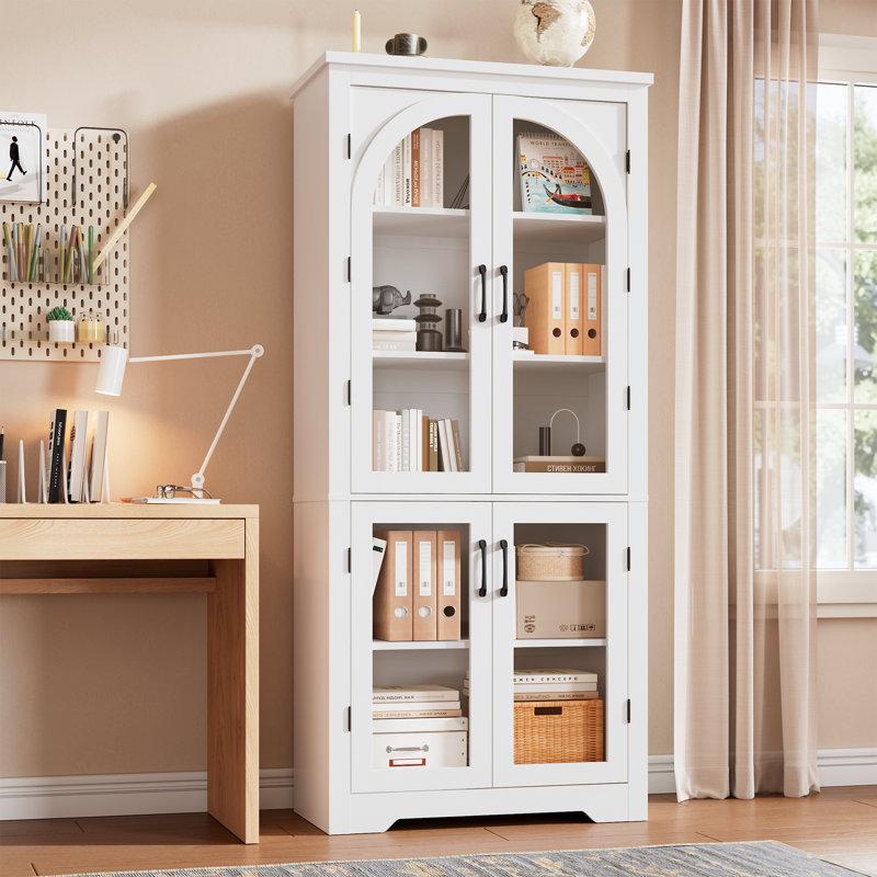Garde-manger de 70 po de hauteur avec 4 portes en verre arquées, tablettes réglables, armoire de rangement pour aliments, blanc