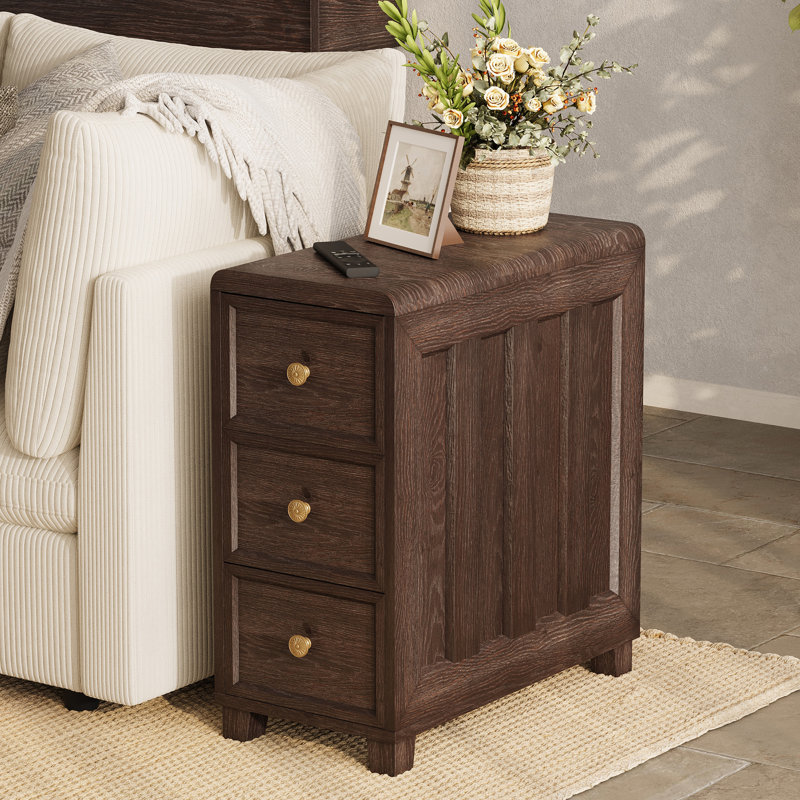 25.4" Solid Wood End Table, 3-Drawer Rustic Nightstand, Dark Brown