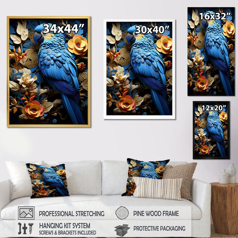 «Blue Parrot Paradise», reproduction d'art mural, H 32 po x l 16 po x P 1 po, Toile tendue