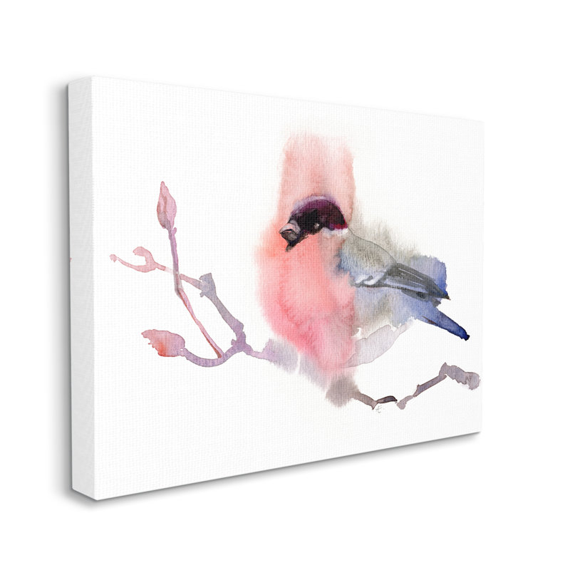«Bullfinch on Empty Tree Branch Abstract Song Bird» par Verbrugge Watercolor, impression sur toile non encadrée, Toile tendue