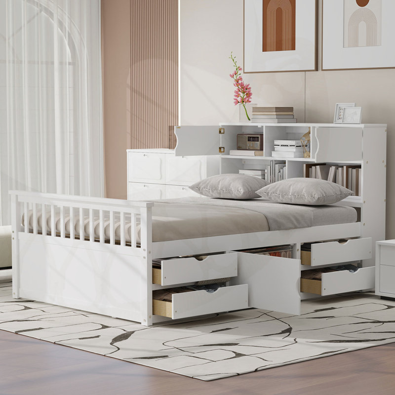 Lit avec tablettes, armoires et tiroirs, Blanc