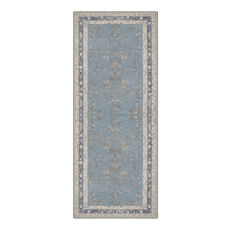Verdant Floral Blue Mist / Beige Indoor Area Rug,Machine Washable, With Non-Slip Backing, Runner 2' x 6'