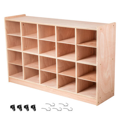 Unité de rangement à 20 casiers en contreplaqué de bouleau naturel pour salle de classe et maison - Range-chaussures mobile pour enfants avec roues et crochets