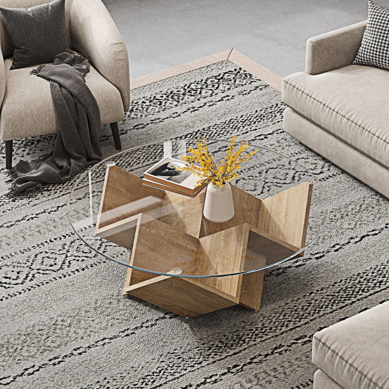 Table basse ronde avec plateau en verre, Transparent / naturel