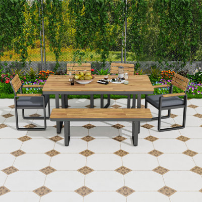 6Pcs Acacia Wood Patio Dining Set with 4 Cushioned Chairs and Bench, Outdoor Garden Furniture for 6-7