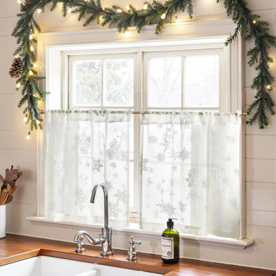 Embroidered White Snowflake Christmas Kitchen Curtains Tier Curtain for Small Windows