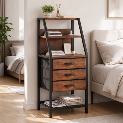 Wide Vintage Bedside Table with 3 Fabric Storage Drawers & Open Shelf, Multi-Purpose Nightstand, Sofa Side Table for Bedroom & Compact Lounge Spaces