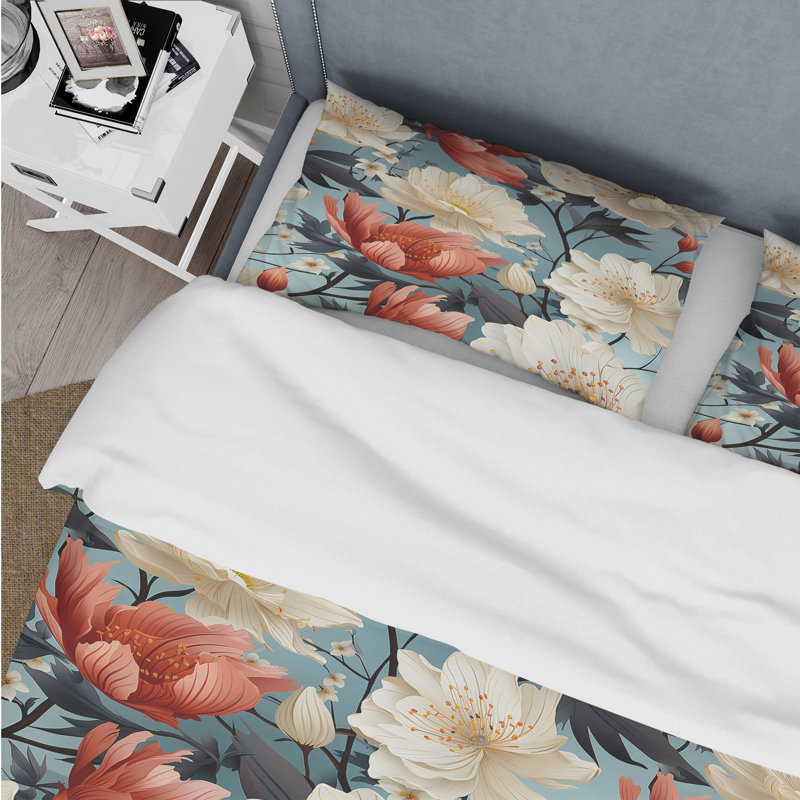 Literie à motif de coquelicots beiges et colorés, Housse de couette simple + 1 taie décorative stan