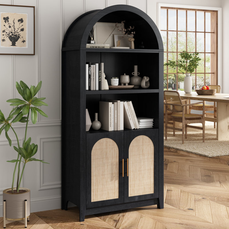 Kalaen 69" Arched Display Wood Cabinet Adjustable Shelves, Black
