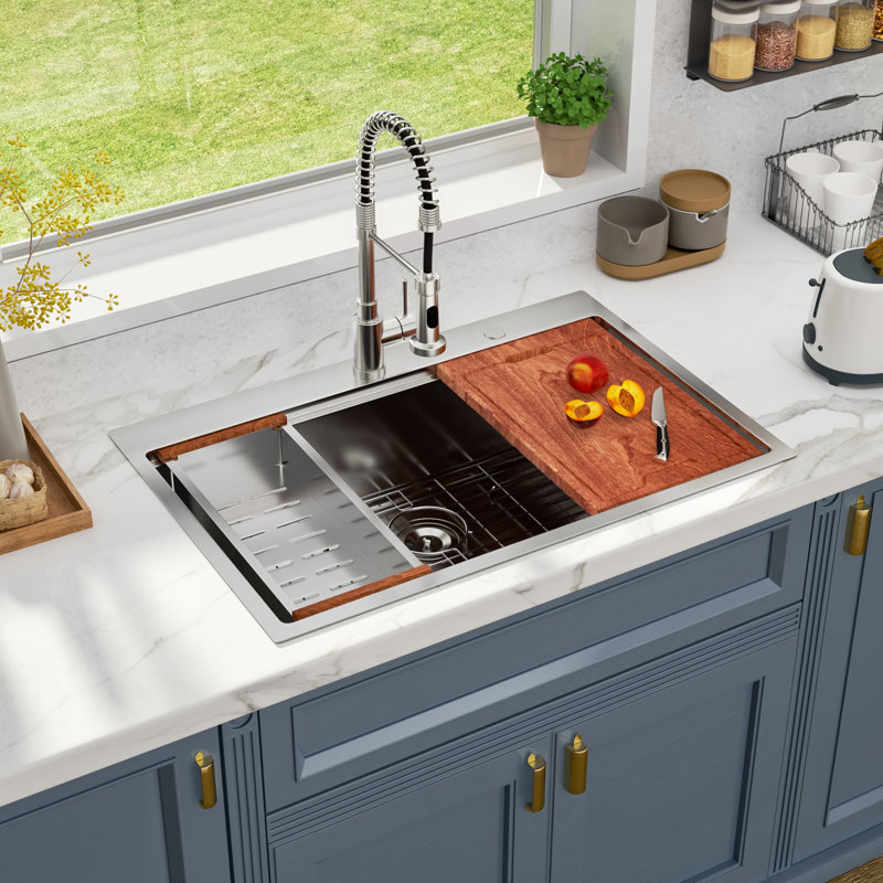 33" L x 22" W Drop-in Workstation Kitchen Sink 16 Gauge Stainless Steel Kitchen Sink Topmount Sink, Stainless Steel