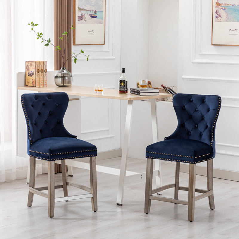 Tabouret de bar et de comptoir Kirsten, Tabouret de comptoir (siège d’une hauteur de 24, Bleu marine, Gris antique