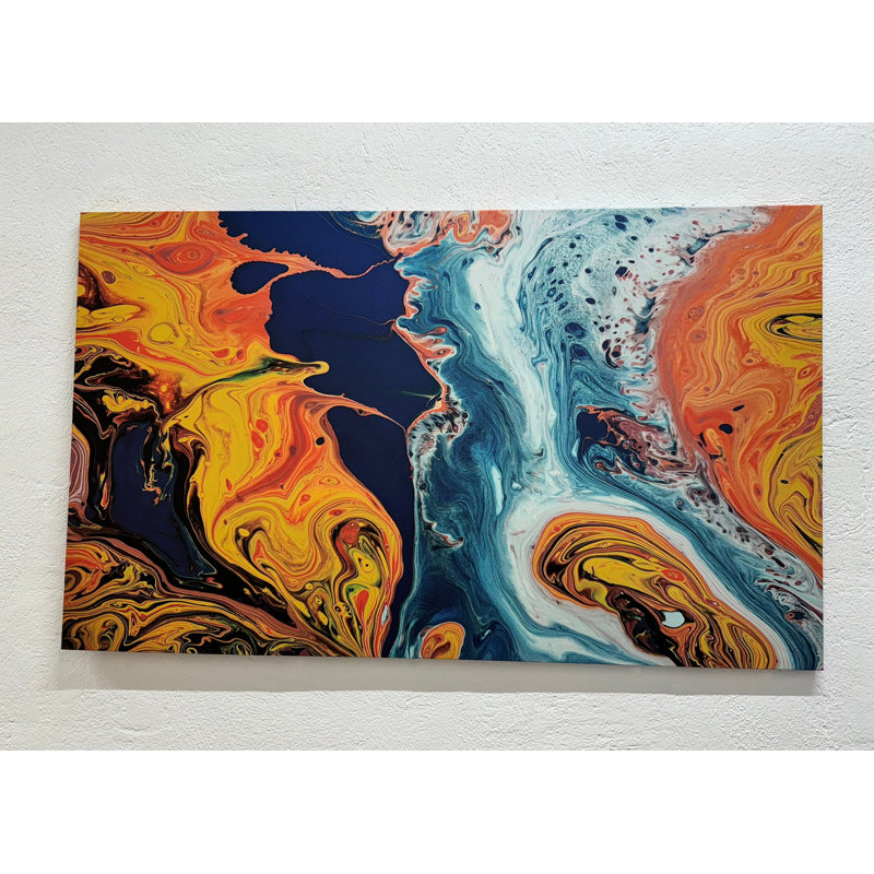 Toile imprimée abstraite orange et bleu en verre trempé, toile noire encadrée 1P, 63,1 po de hauteur x 114,2 po de largeur