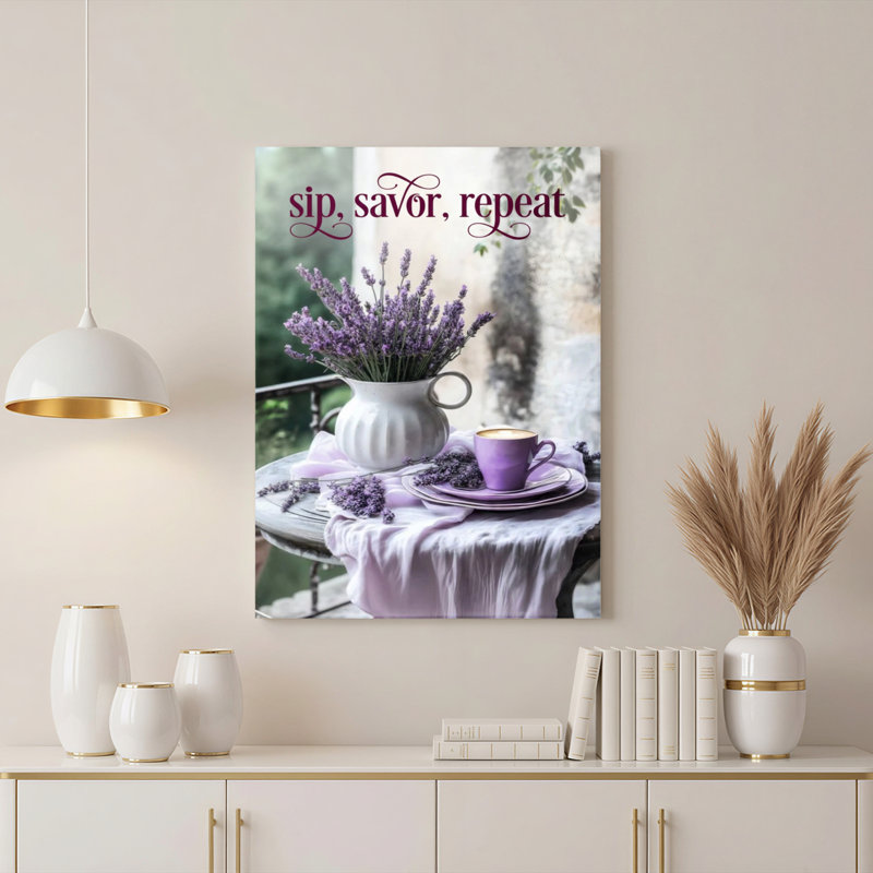 Lavande, bouquet de lavande et tasse de thé mauve, reproduction d'art sur toile tendue avec gorgée, texte de répétition pour la cuisine ou le salon