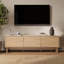 TV Console with 3 Doors, Geometric Carved Front, Light Wood Finish
