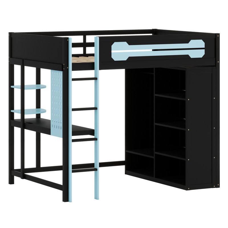 Couchette haute peu encombrante avec espace de travail, rangement pour garde-robe accessible et bandes lumineuses à DEL dynamiques