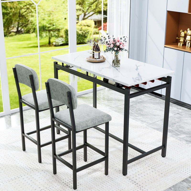 Table de salle à manger moderne pour 2 personnes, ensemble de table de salle à manger avec finitions en marbre et 2 chaises rembourrées