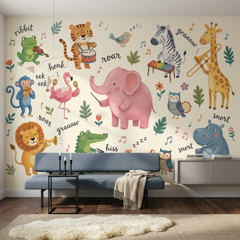 Papier peint pour enfants, animaux mignons, instruments de musique amovibles, décoration murale, Non tissé, 120 po x 96 po