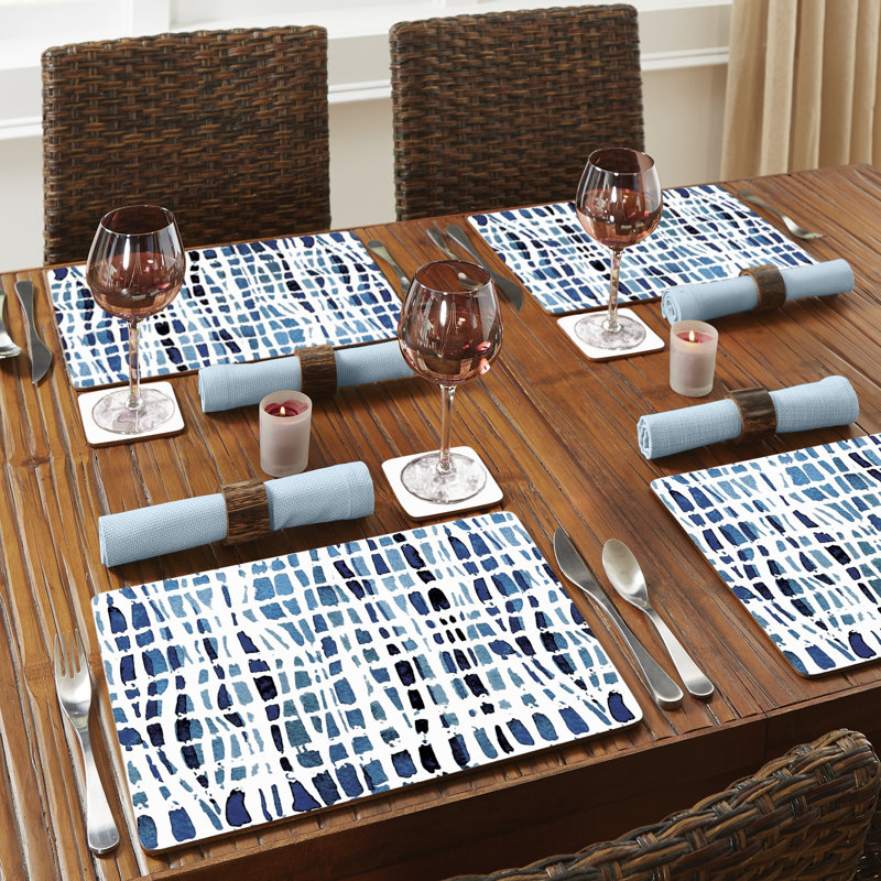 Indigo and White Wavy Lines Hardboard Placemats Set of 4