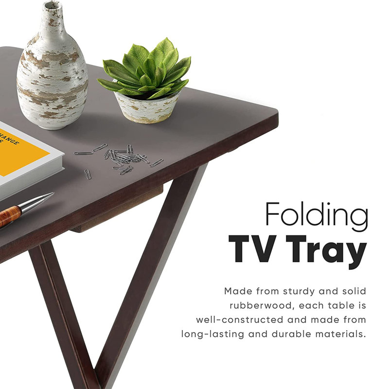 Espresso Wood Folding TV Tray Set with Storage Rack