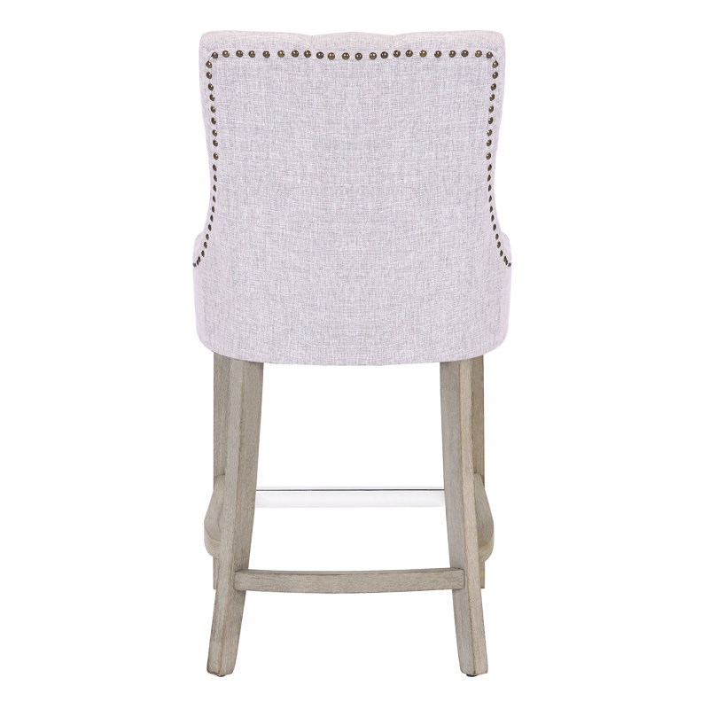 Linen Fabric Tufted Upholstered Counter Stool, Counter Stool (24” Seat Height), Light Gray Linen/Antique Gray Frame