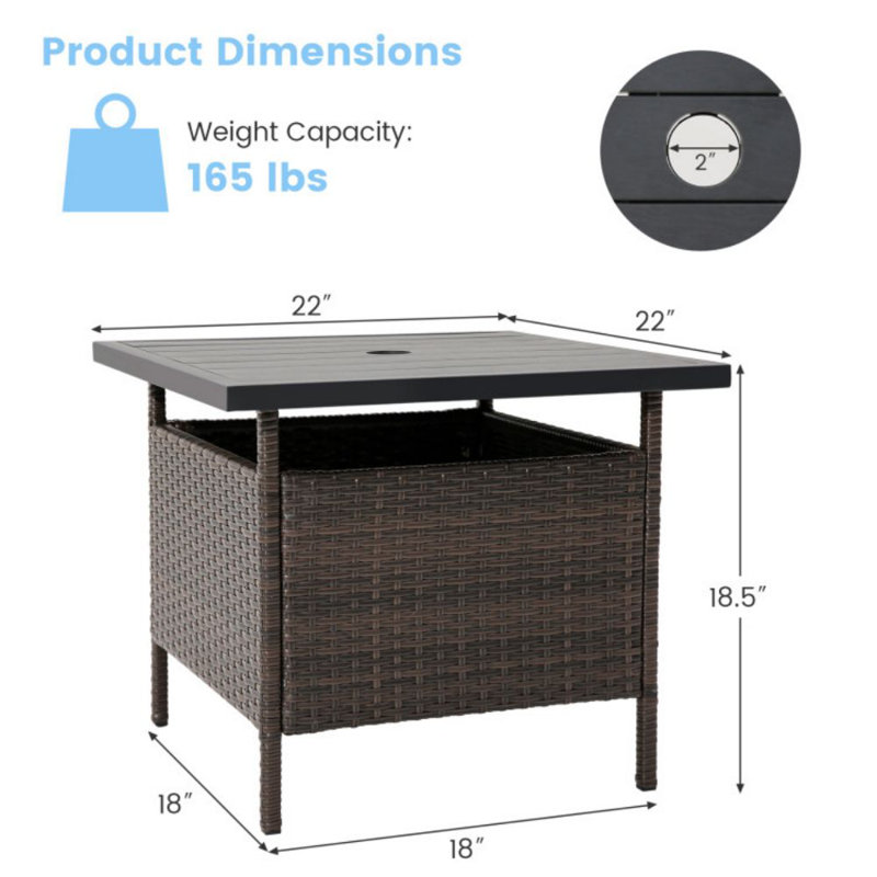 Table d'appoint de patio en osier avec trou pour parasol