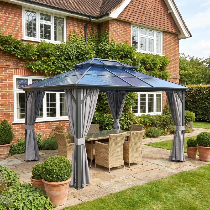 GRDN living Retreat Plus 3.6m x 3m Aluminium Hardtop Gazebo with Double Polycarbonate Roof in Anthracite Grey with Curtains