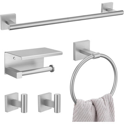 5-Piece Bathroom Hardware Set, SUS304 Stainless Steel Towel Bar, Toilet Paper Holder With Shelf, Towel Ring And Hooks, Wall-Mounted Bathroom Accessories Set