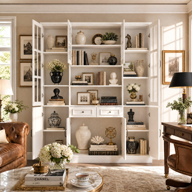 Vitrine de 160 cm de large avec portes vitrées, 13 tablettes, 2 tiroirs et rangement ajustable