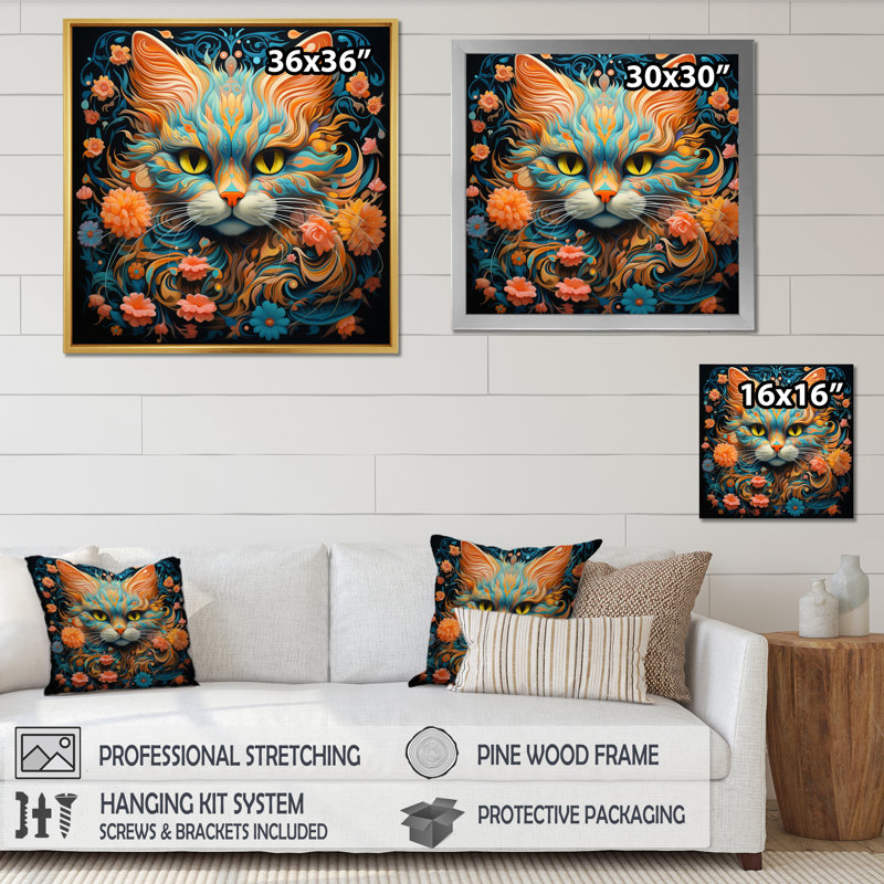 Chat magique avec ambre et sarcelle avec fleurs - impression, H 36 po x l 36 po x P 1,5 po, Cadre simple noir