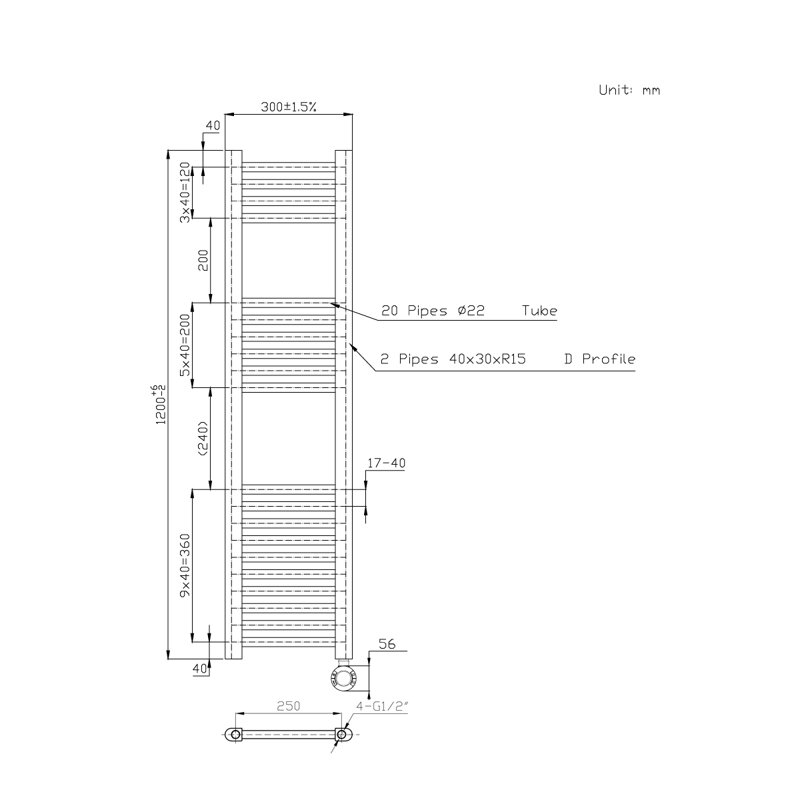 Carli Straight Towel Rail Heated Towel Rails, 120cm H x 30cm W x 3cm D, Anthracite