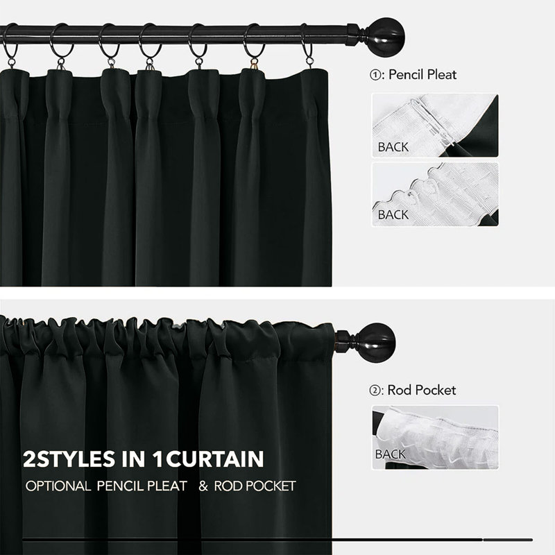 Blackout Pencil Pleat Curtains - Thermal Insulated, Light Blocking Window Drapes, Black, 168cm Width x 183cm Drop