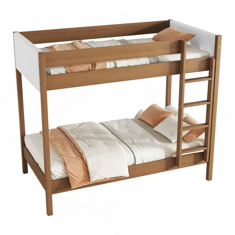 Twin Over Twin Bunk Bed With Boucle Upholstered Headboard And Footboard,Ladder, Safety Guardrails,Rubber Wooden Bunk Bed,Natural