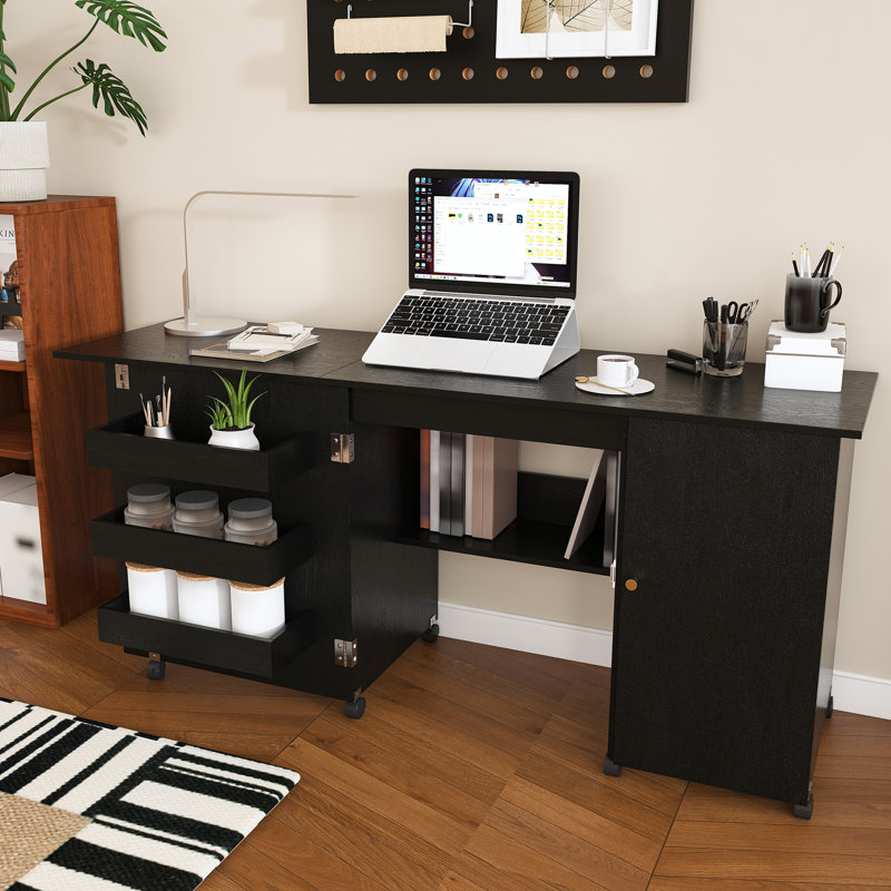 Table de couture pliante moderne de 57,5 po, grande station de travail avec armoire de rangement et tablettes, armoire de couture robuste pour bureau à domicile, noyer