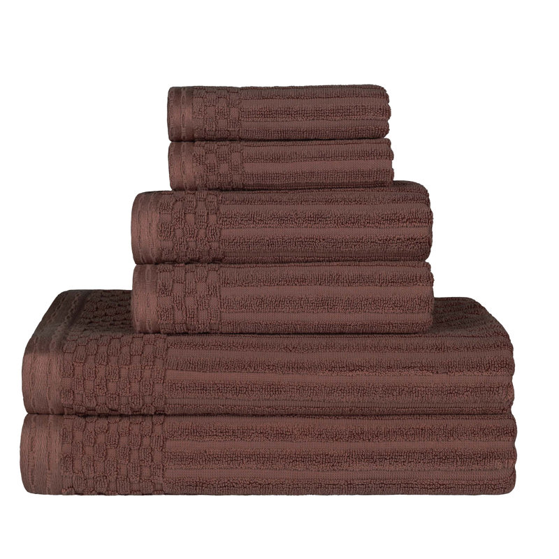 Ruvins Cotton Highly Absorbent 6-Piece Solid and Checkered Border Towel Set, Brown