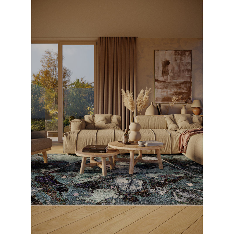 Tapis en chenille / polyester bleu tissé à la machine Adelajde, Rond 8 pi
