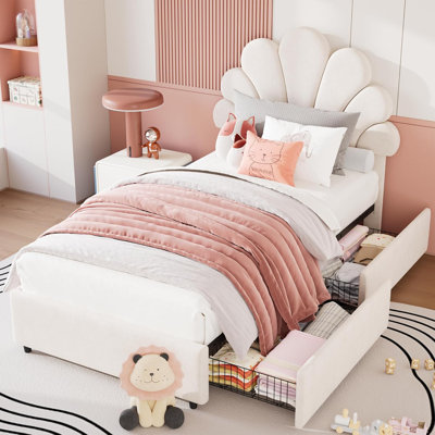 Structure de lit simple pour enfants, avec 2 tiroirs de rangement, tête de lit tapissier, support à lattes de bois, aucun sommier requis, assemblage facile