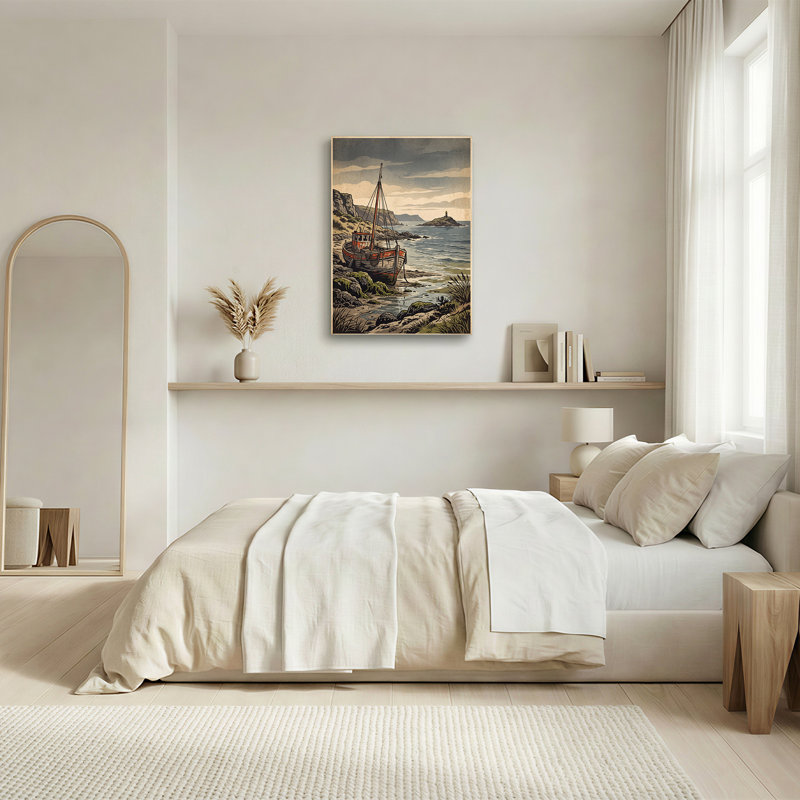 Art sur toile, bateau en bois orange gris sur une côte rocheuse près du phare, H 30 po x l 20 po