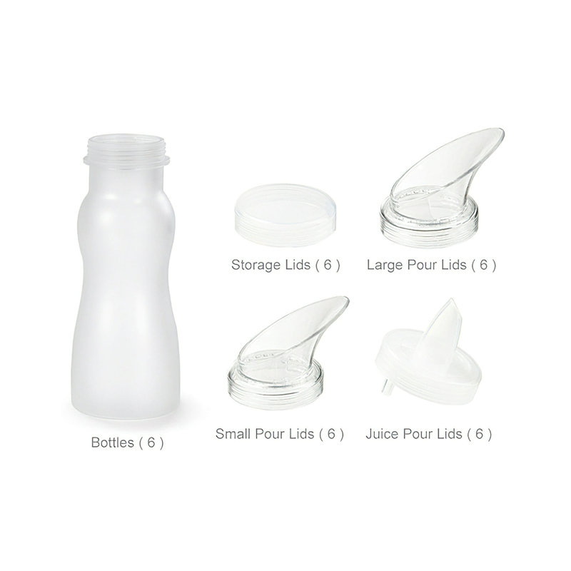 (6) Clear Salad Dressing Bottles with (24) Lids by GET, 7.31" H x 2.94" W x 2.94" D