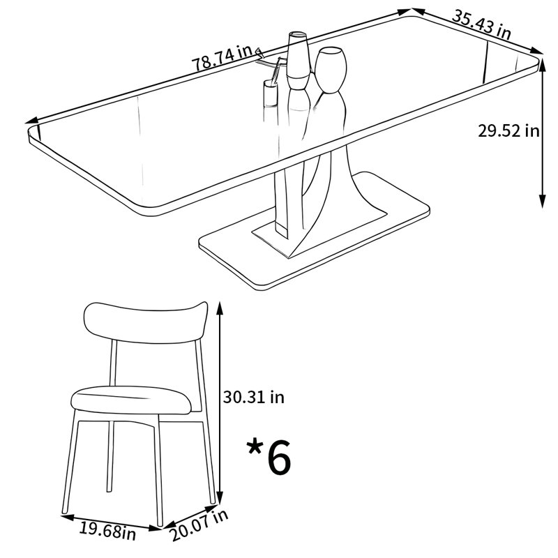 Ensemble de table de salle à manger rectangulaire et chaises, H 29,52 po x L 78,74 po x l 35,43 po