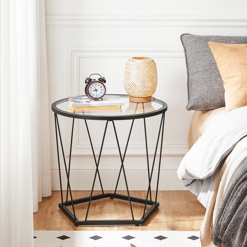 Black Round Glass Top Coffee Table Set with Metal Frame