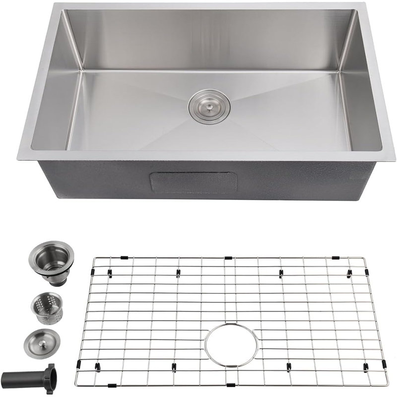 Undermount Single Bowl Kitchen Sink, 304 Stainless Steel, 22" W x 18" D x 9" H, Brushed Finish, Modern Kitchen