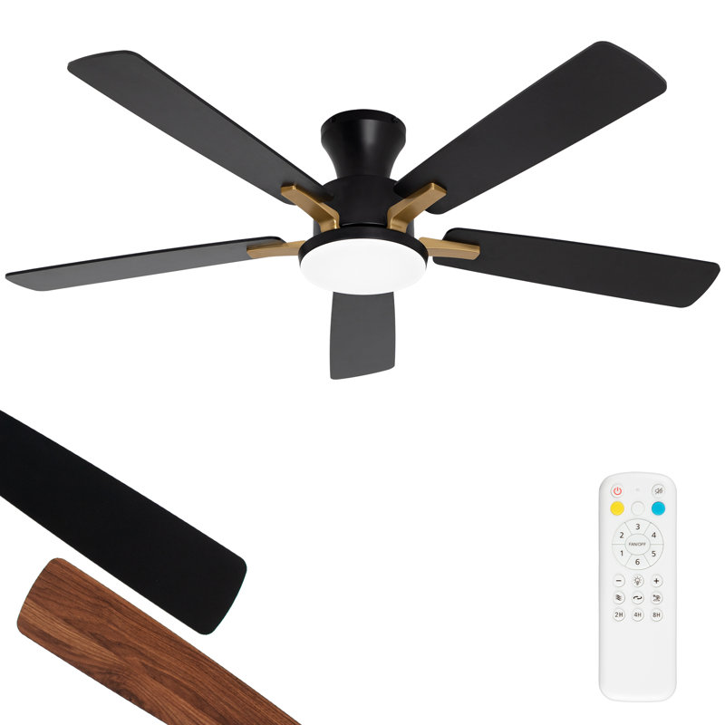52 Inch Ceiling Fan With Light, Remote Control, Flush Mount Low Profile, Dimmable Led Light, Quiet Reversible Motor For Bedroom, Living Room, Dual-use Black And Brown Styles