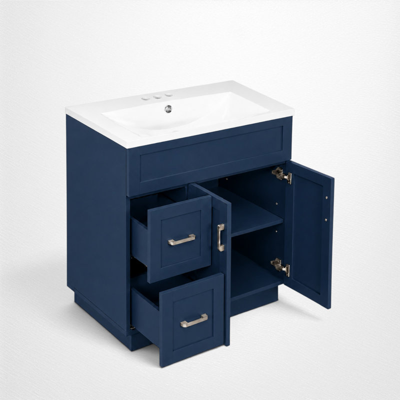 Meuble-lavabo simple de 76 cm (30 po), lavabo en résine, style traditionnel, salle de bain, Blue, Silver