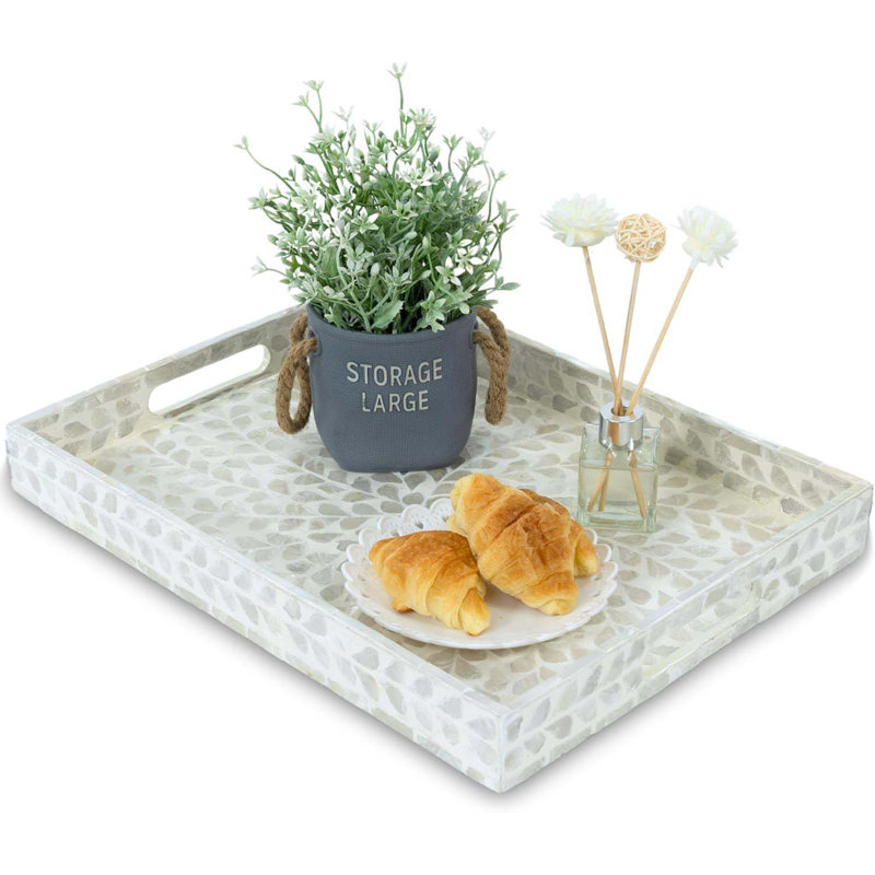 Serving Tray 15.7" X11.8", Lacquer Mother Of Pearl Inlay Mosaic Tray, Rectangle Wooden Marble Tray With Handles Trays For Tea, Breakfast In Bed, Table