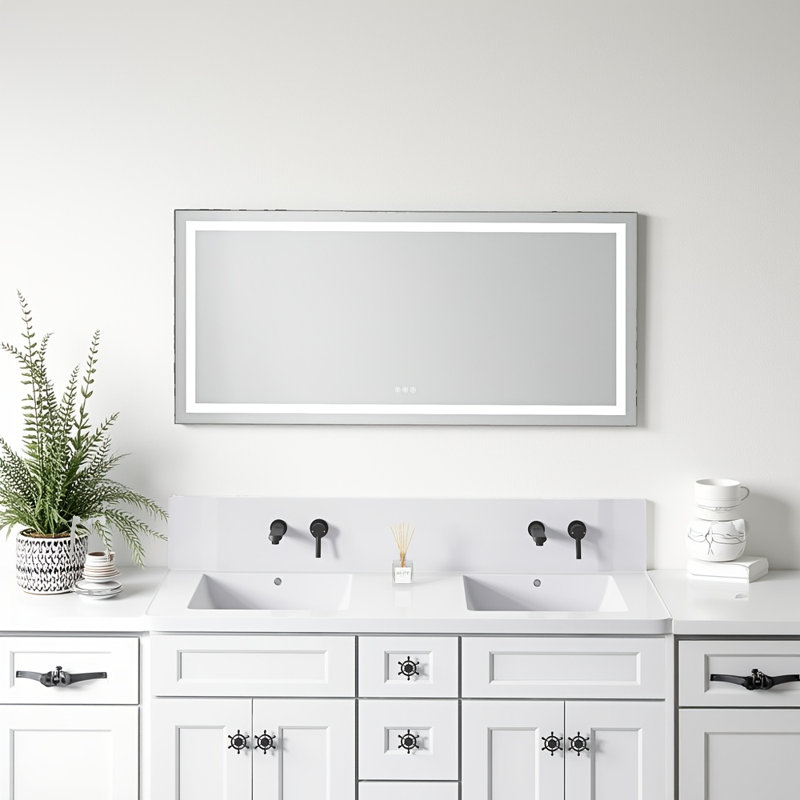 Miroir de salle de bain 60 po x 28 po à DEL avec façade et rétroéclairage - Miroir de salle de bain mural, cadre en aluminium, anti-buée, 3 températures de couleur, gradation continue, fonction mémoire