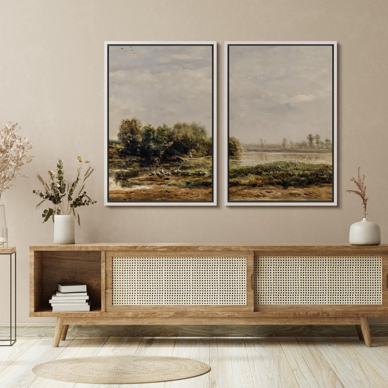 «Lush Riverside Meadows Vintage Style», 2 pièces sur toile, Blanc, H 24 po x l 32 po