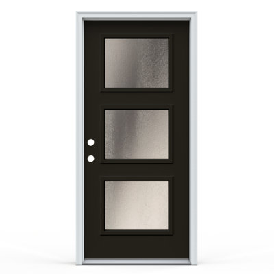 36 in. x 80 in. 3-Lite Decorative Glass Black Steel Prehung Front Entry Door