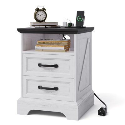 Tables de chevet rustiques de ferme avec station de charge, tables de chevet en bois modernes avec 2 tiroirs, ports et prises USB, tables d'appoint blanches pour le salon et la chambre à coucher